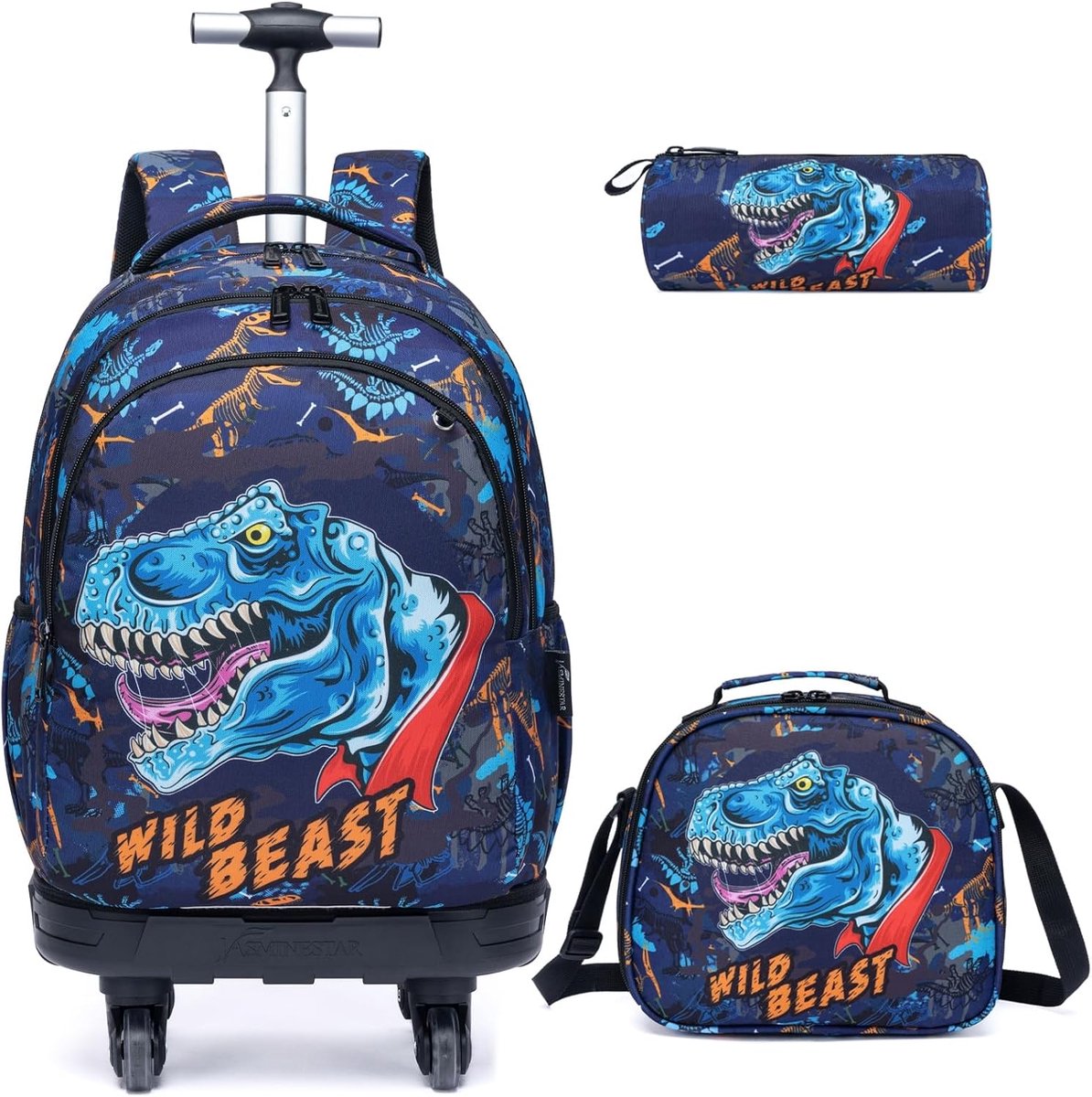 SnelShoppen - Kids Rolling Dinosaur School Backpack voor Jongens - Blauw - 3-in-1 Rugzak met Wielen, Inclusief Lunchbox en Pouch - Ideaal voor School