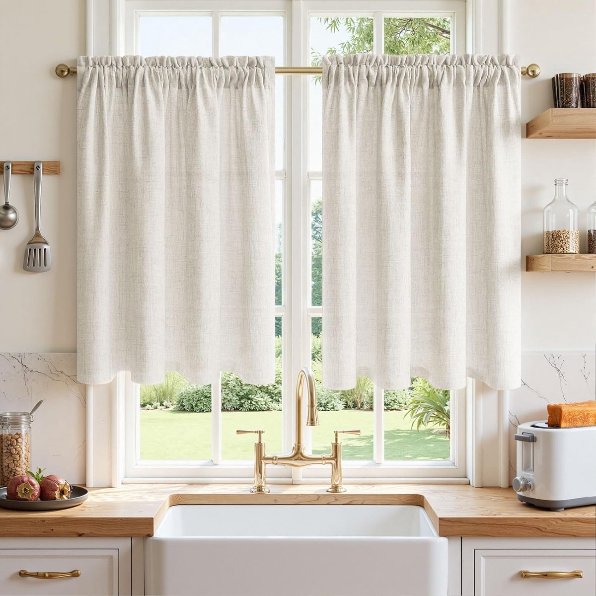 SnelShoppen - Country-Style Gordijnen in Linnen Look Ivoor Wit H 45 x B 60 cm Set van 2 Semi-Transparante Bistro Gordijnen Korte Keukengordijnen voor