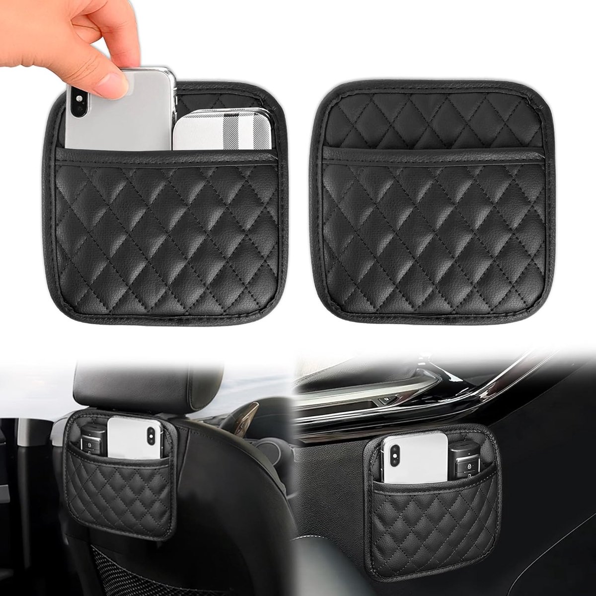 SnelShoppen - Vacuum Compartment Auto Organizer - Auto Opbergzak voor Telefoons, Sleutels en Bril - Duurzaam Leer, Set van 2, Ideaal voor Auto Interie