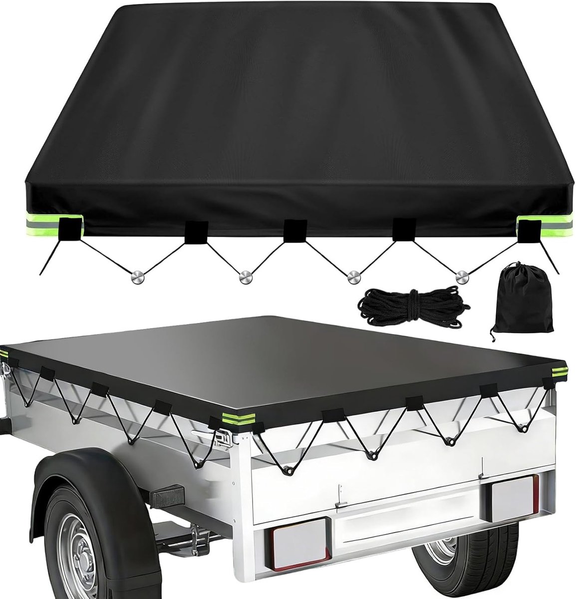 SnelShoppen - Trailerzeil 209x115 cm - Waterdicht en UV-bestendig Oxford Materiaal met Reflecterende Strips en 7m Zeilkoord voor 750 kg Trailer