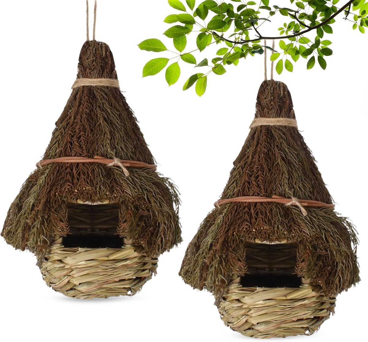 SnelShoppen - Handgeweven Gras Vogelhuisjes Set van 2 - Natuurlijke Vogel Nesten voor Tuin en Balkon Decoratie - 30x20x30cm - Ademend en Veilig