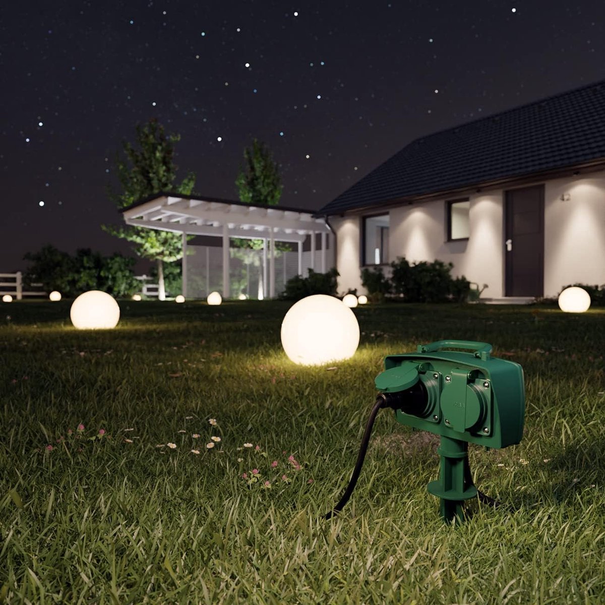 SnelShoppen - Buitenstekkerdoos met Grondpin - 2x Geaarde Aansluitingen - IP44 Waterdicht - Kindveilig - Tuin, Terras, Feest, BBQ - 1.4m Kabel, Splash