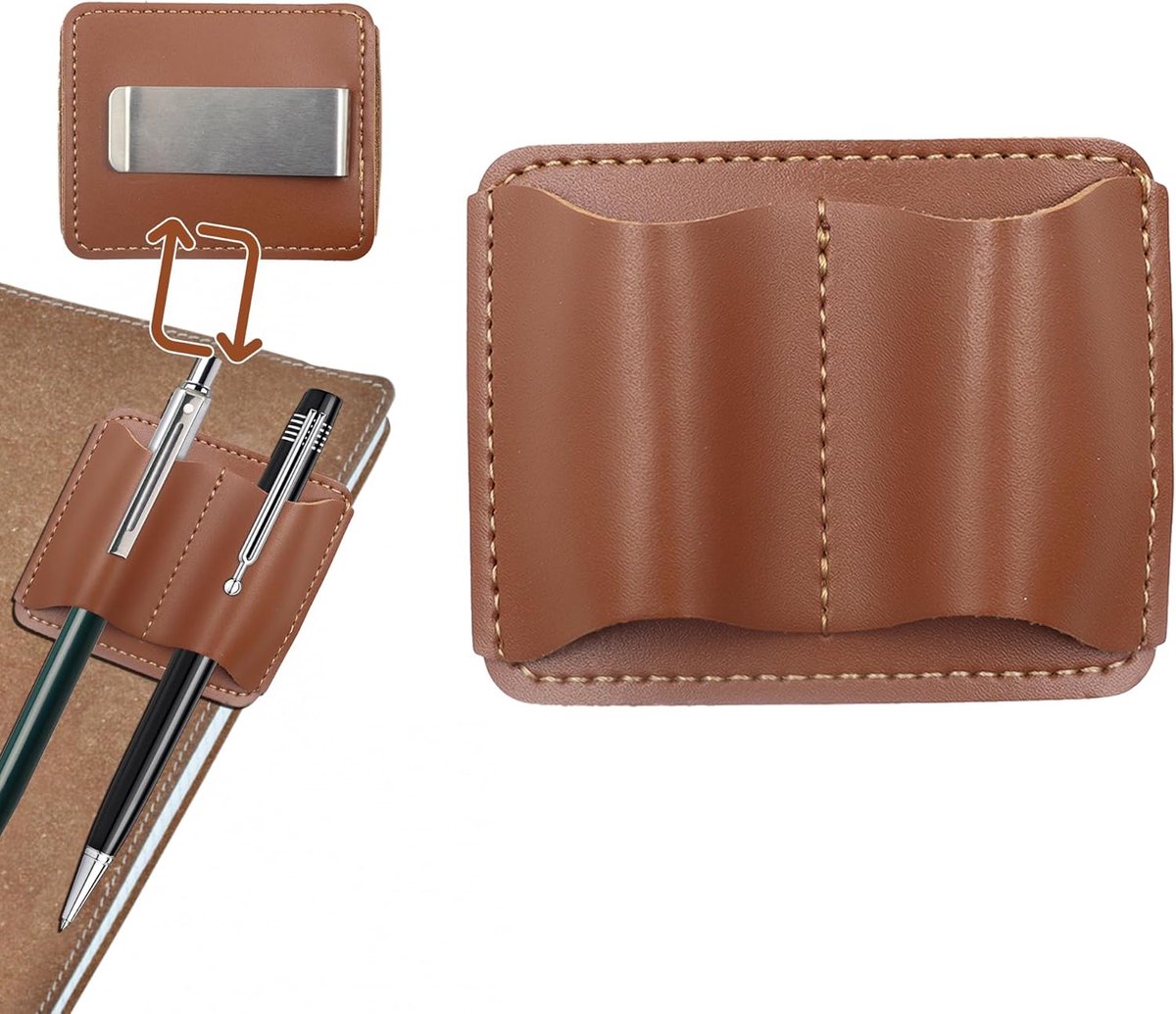 SnelShoppen - Leer Penhouder voor Notitieboek, Handgemaakt, Compact, Bruin, Dual Slot voor 2 Pennen, Ideaal voor Dagboek en Clipboard