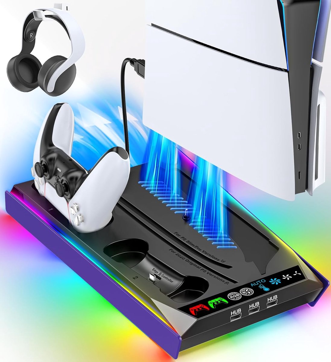 SnelShoppen - PS5/Slim/Pro Stand en Cooling Station met LED Controller, PS5 Controller Oplader, Accessoire Set met 3-niveaus Koelventilator - Galactic
