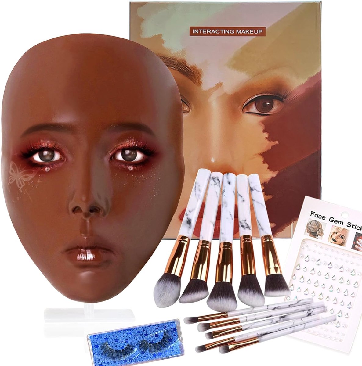 SnelShoppen - Makeup Practice Face Kit - Volledige Siliconen Make-up Oefenpop voor Kunstenaars - Compleet met Kwasten Set, Valse Wimpers en Gemstone F