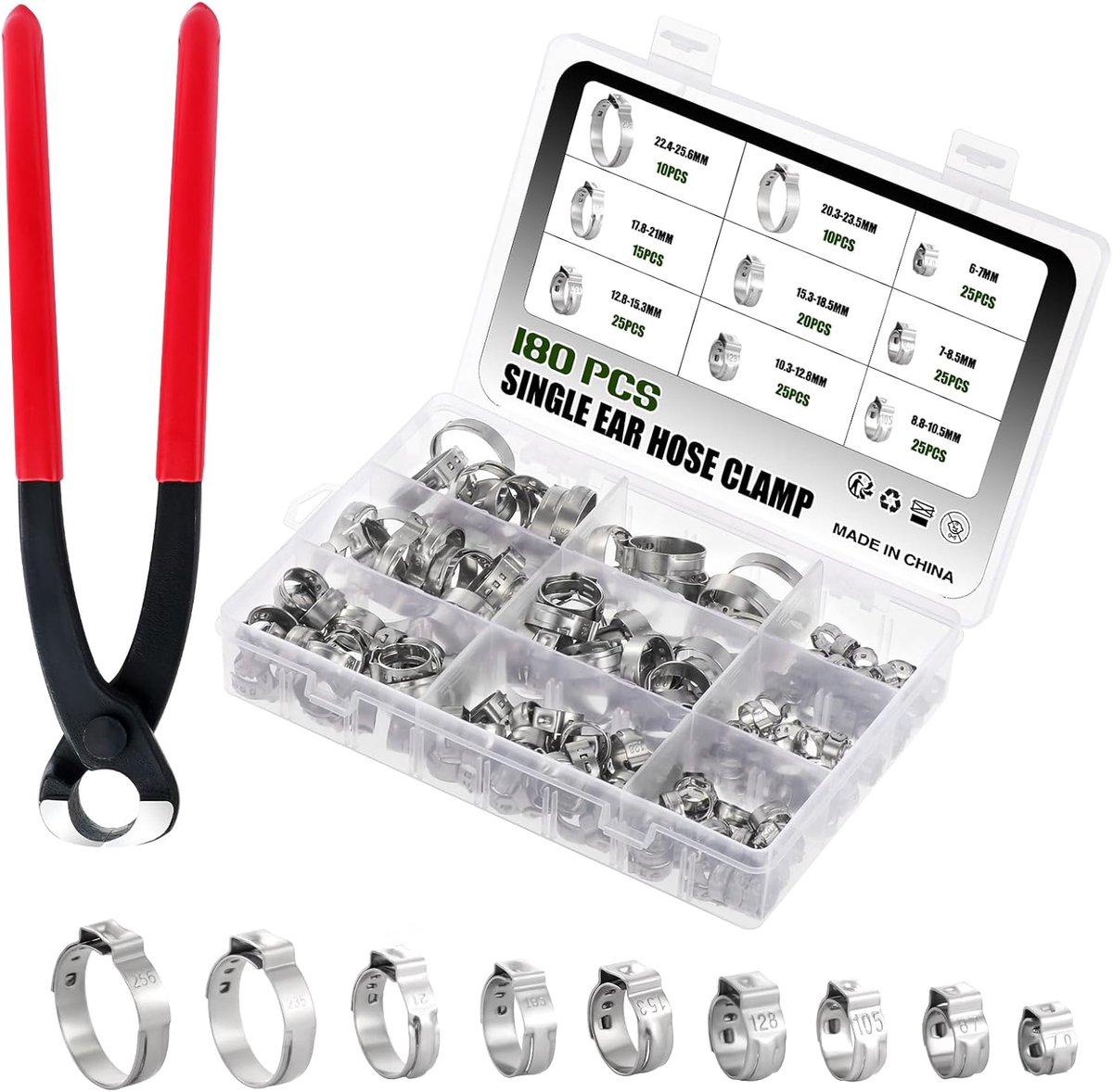 SnelShoppen - 180pcs RVS 304 Slangklemmen 6-25.6mm - 9 Maten - Duurzaam, Roestvrij Staal - Perfect voor Tuin, Keuken, Auto en Doe-Het-Zelf Projecten