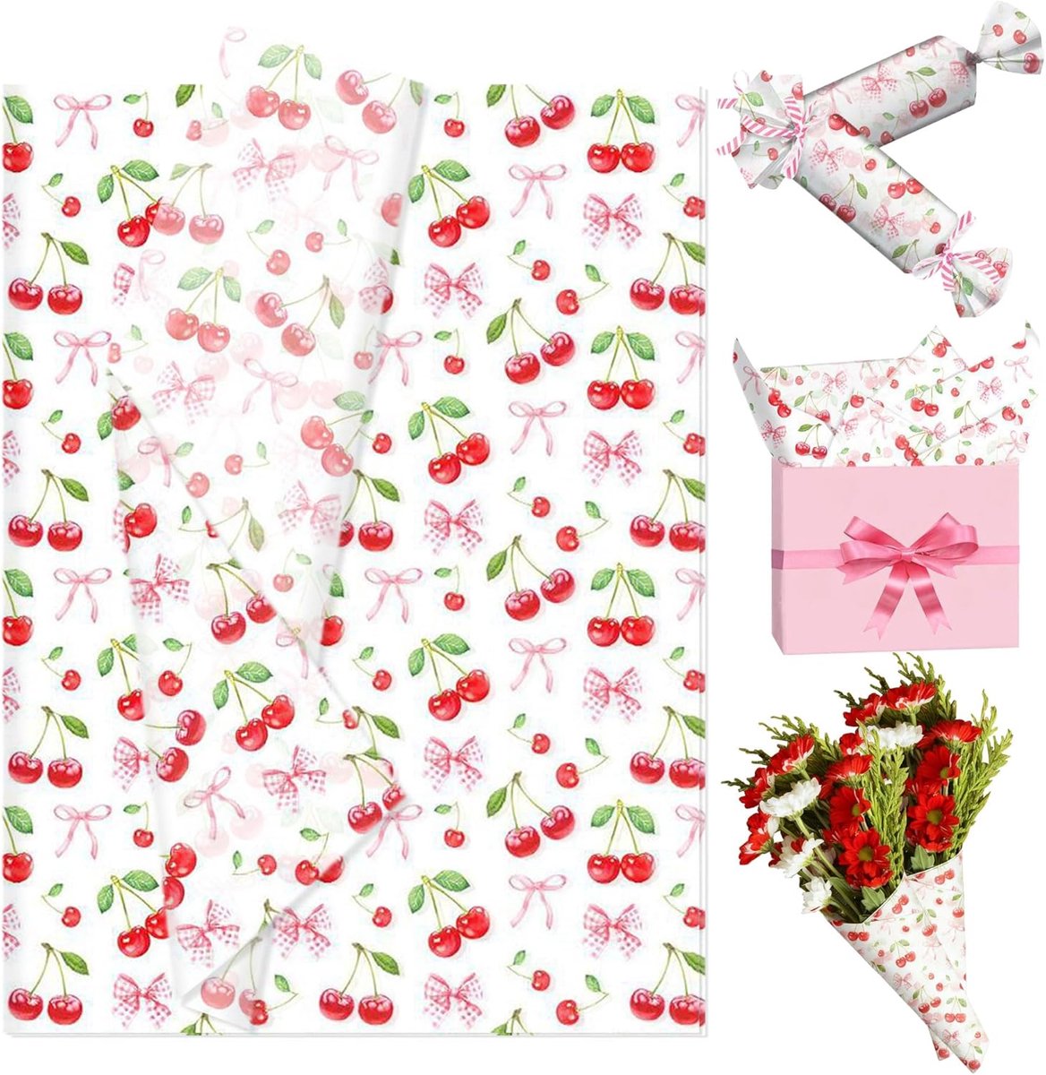SnelShoppen - 50 Vellen Kersenbloesem Inpakpapier voor Cadeaus met Strikpatroon - Perfect voor Verjaardagen, Bruiloften, Bachelorette Feesten en DIY P