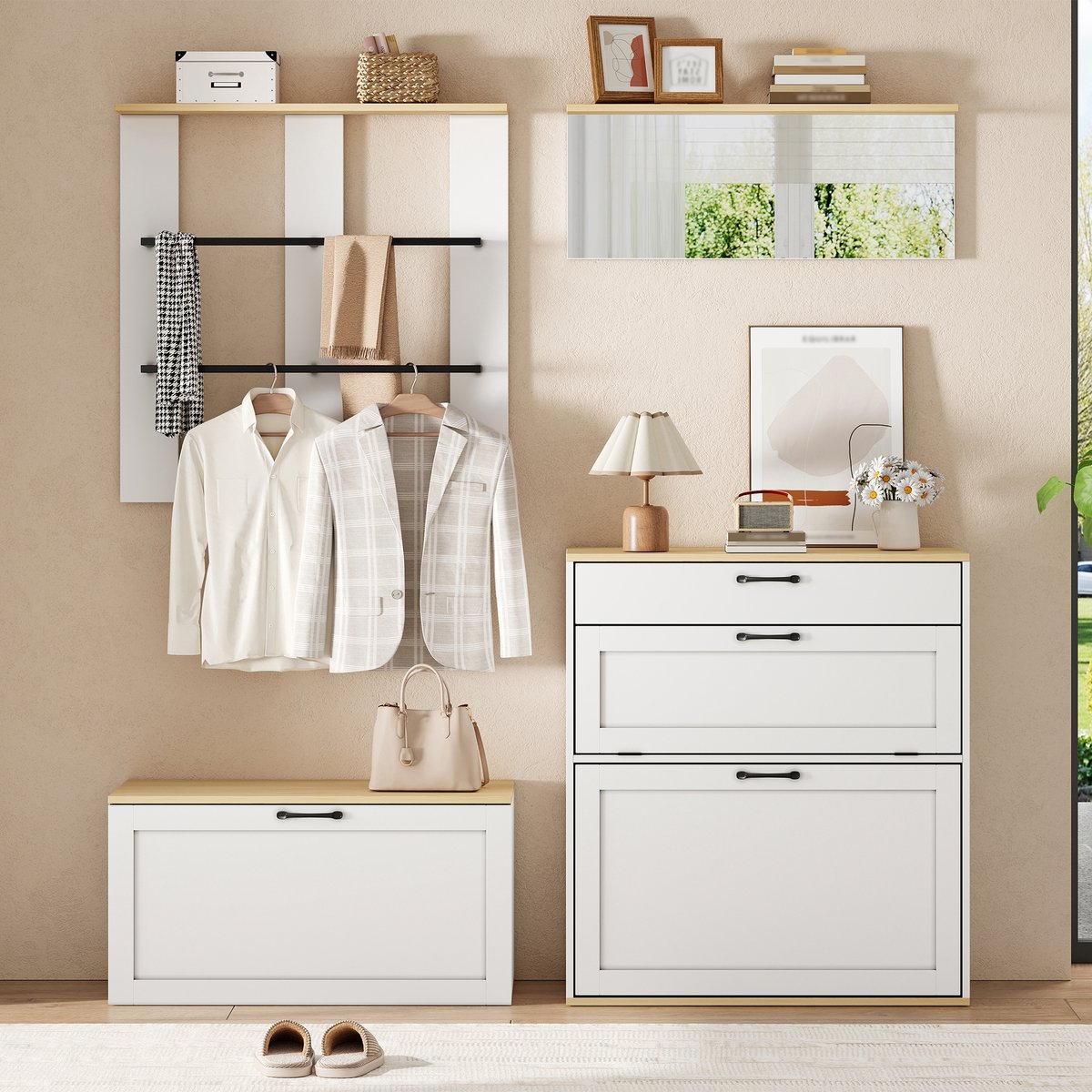 HAUSS SPOLE Schoenenkast - Modulair Garderobeset Met Spiegel En Lade - Voor Hal En Woonruimte - MDF En Spaanplaat - 156x36x176 Cm - Wit Naturel