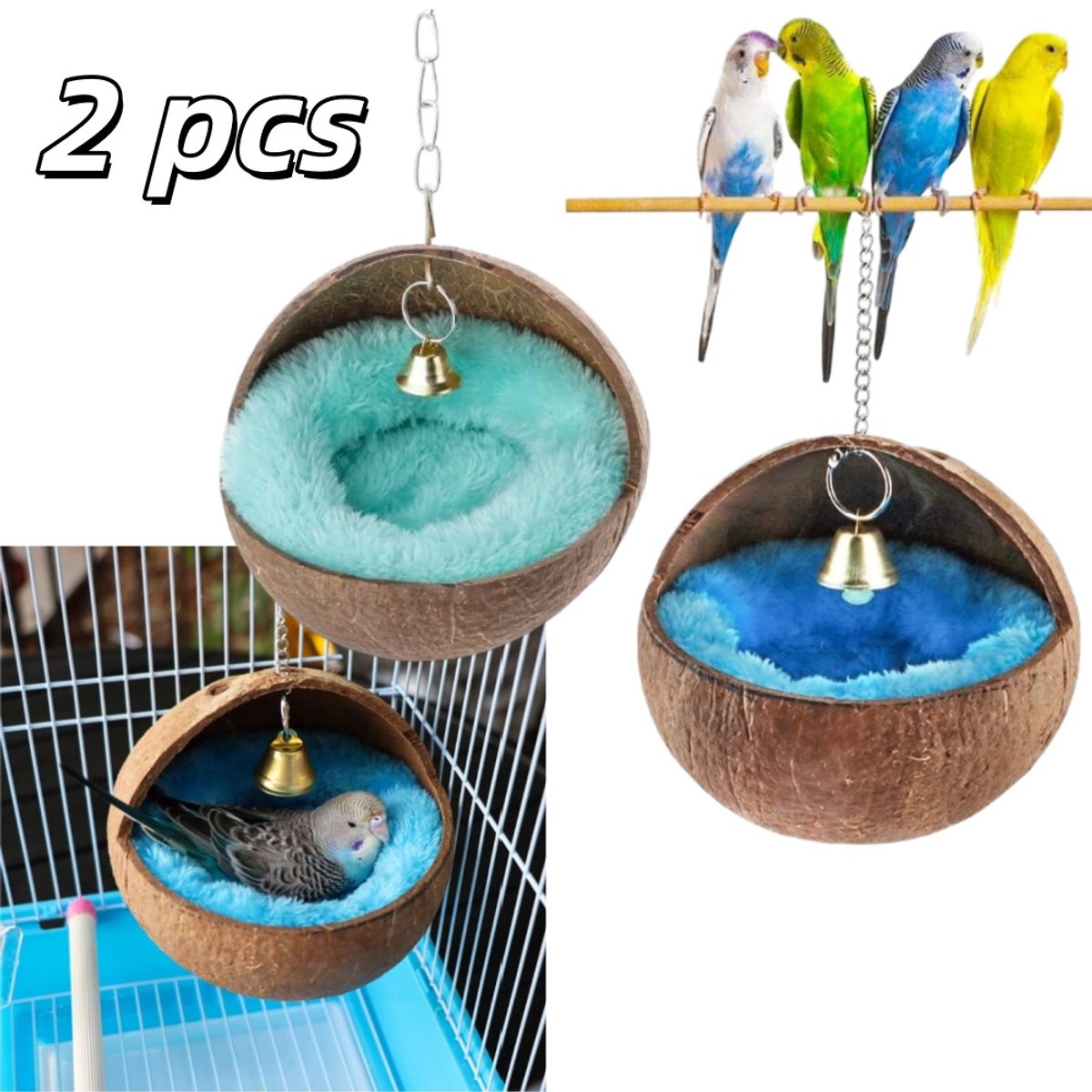 2-delig vogelhuisje van natuurlijke kokosnootschaal - inclusief warmtekussen en belletje - knaagbestendig broednest - 13 cm - geschikt voor kleine vogels zoals grasparkieten, valkparkieten, dwergpapegaaien en kanaries om in te nestelen - blauw