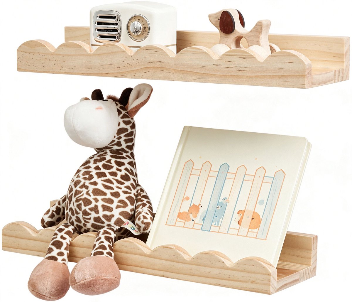 Zwevende wandplank 2 stuks - 42 cm - Houten boekenplanken voor kinderkamer - Golvende rand wandplanken - Boekenplanken voor slaapkamer, babykamer en kinderkamer - hout
