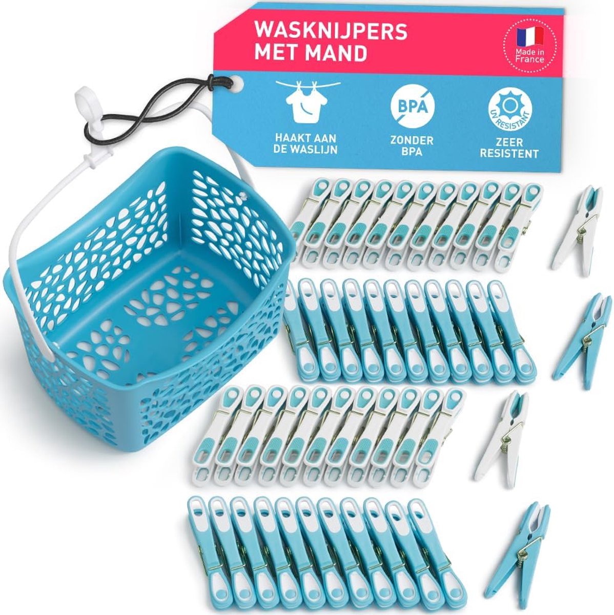 SnelShoppen - Wasknijpers met Mand, 48 Stuks, Eco Blauw-Wit, Extra Sterke Veer, Milieuvriendelijk Kunststof, Ideaal voor Tuin, Camping, en Huishouden