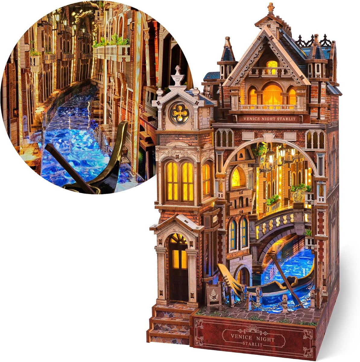 SnelShoppen - DIY 3D Houten Boekenplank Decoratie Kit - FUNPOLA Venice Night Starlit - LED Miniatuur Puzzel met Oneindige Spiegel - Voor Volwassenen e