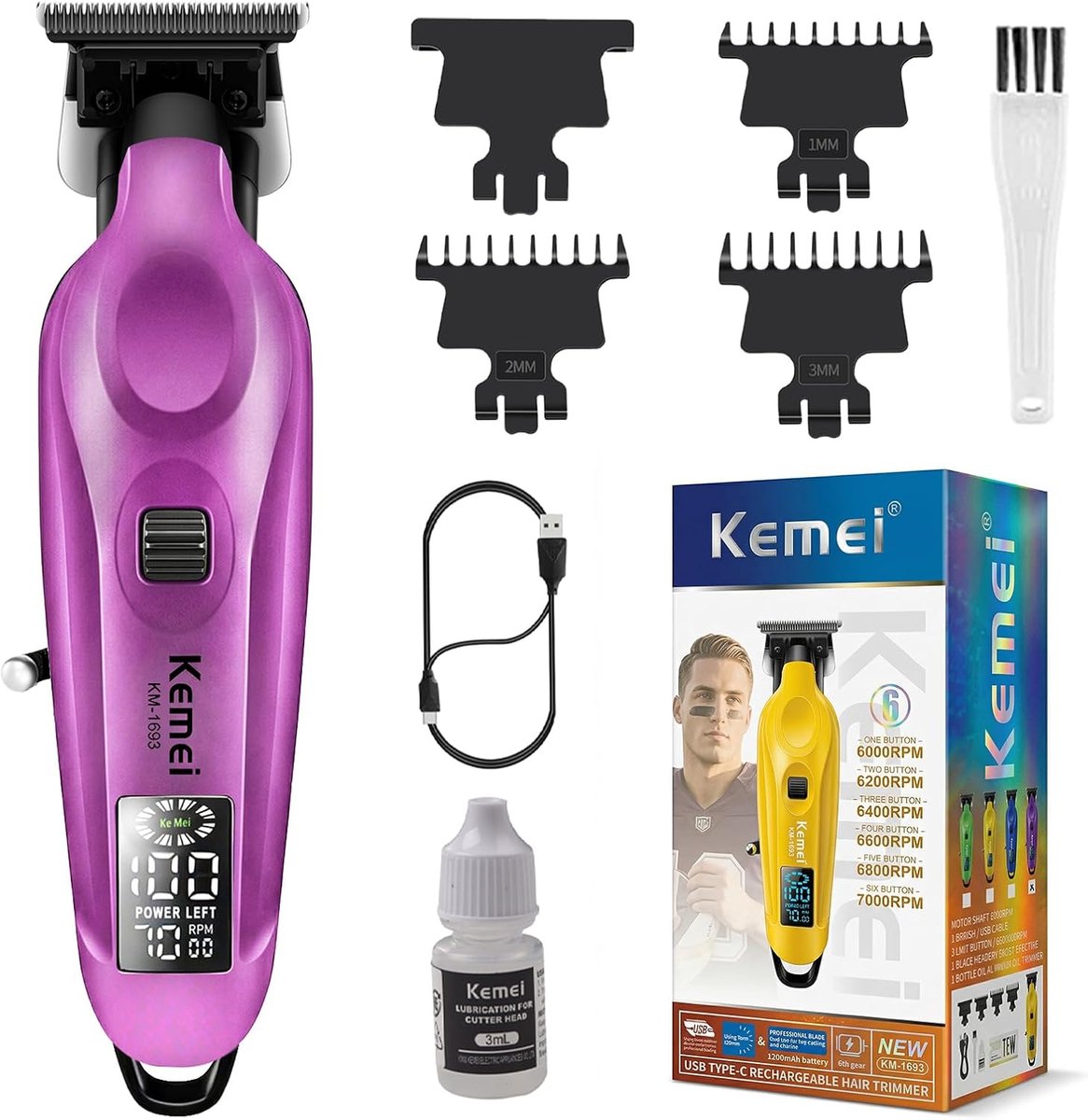 SnelShoppen - Professionele Haartrimmer voor Mannen, Draadloze T-Knife Haarclipper met 6-Snelheden, USB-C Oplaadbaar, LCD Batterij Indicator, Paars vo
