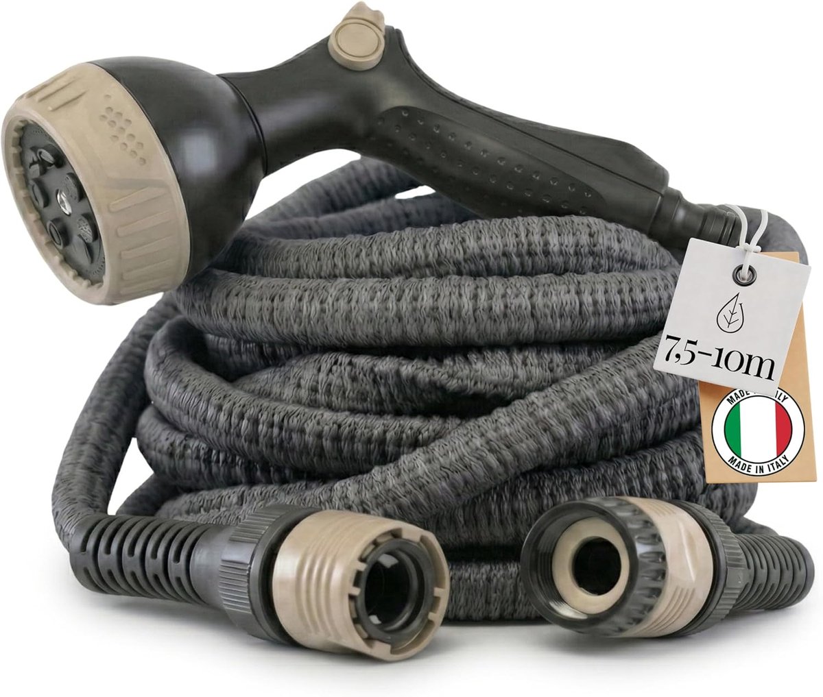 SnelShoppen - Flexibele Tuinslang 7.5 m - Uitbreidbare Hose met Multifunctionele Handdouche en Bevestigingen - Beige - Ideaal voor Tuin, Camping en Fe