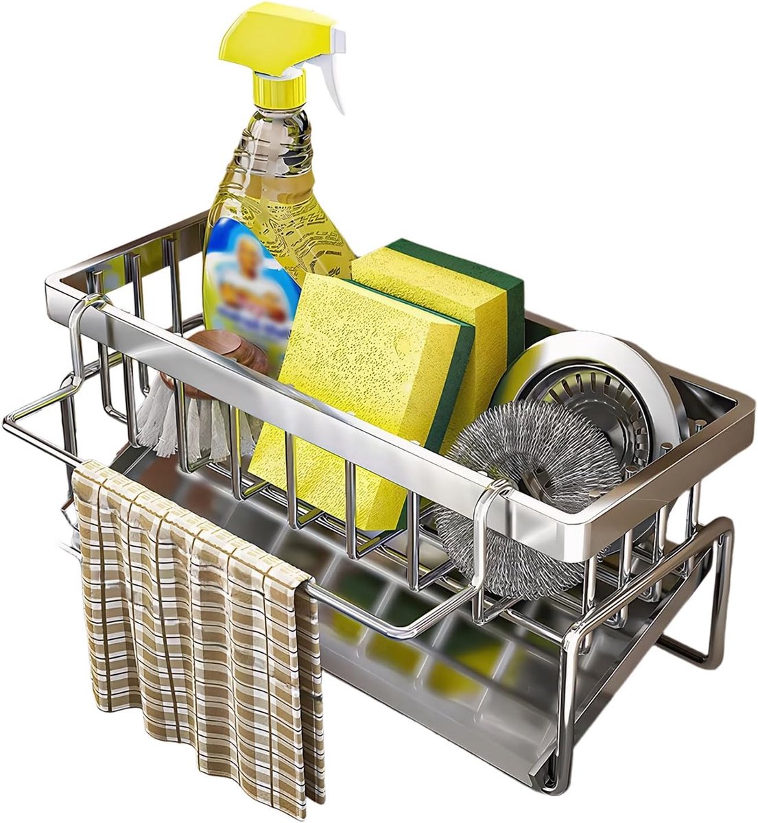 SnelShoppen - Zilveren Gootsteenorganizer met Sponshouder en Afvoer, Keuken- en Badkamer Organizer van Koolstofstaal, Afneembare Spoeldoekhouder, Voor
