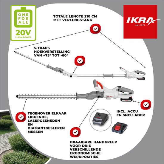 IKRA 2-in-1 accu-heggenschaar ICPH 2050 met telescoopsteel, schouderriem, 2x 20 V accus en snellader van IKRA — afbeelding 4