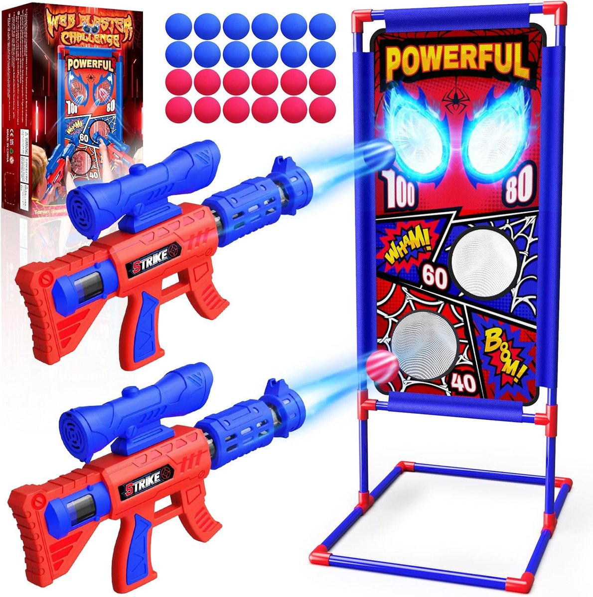 SnelShoppen - Spider Shooting Game Toys voor Jongens 3-12 Jaar, 2 Air Blasters met Richting, 4 Scorepunten & 24 Schuimballen, Perfecte Gift voor Verja