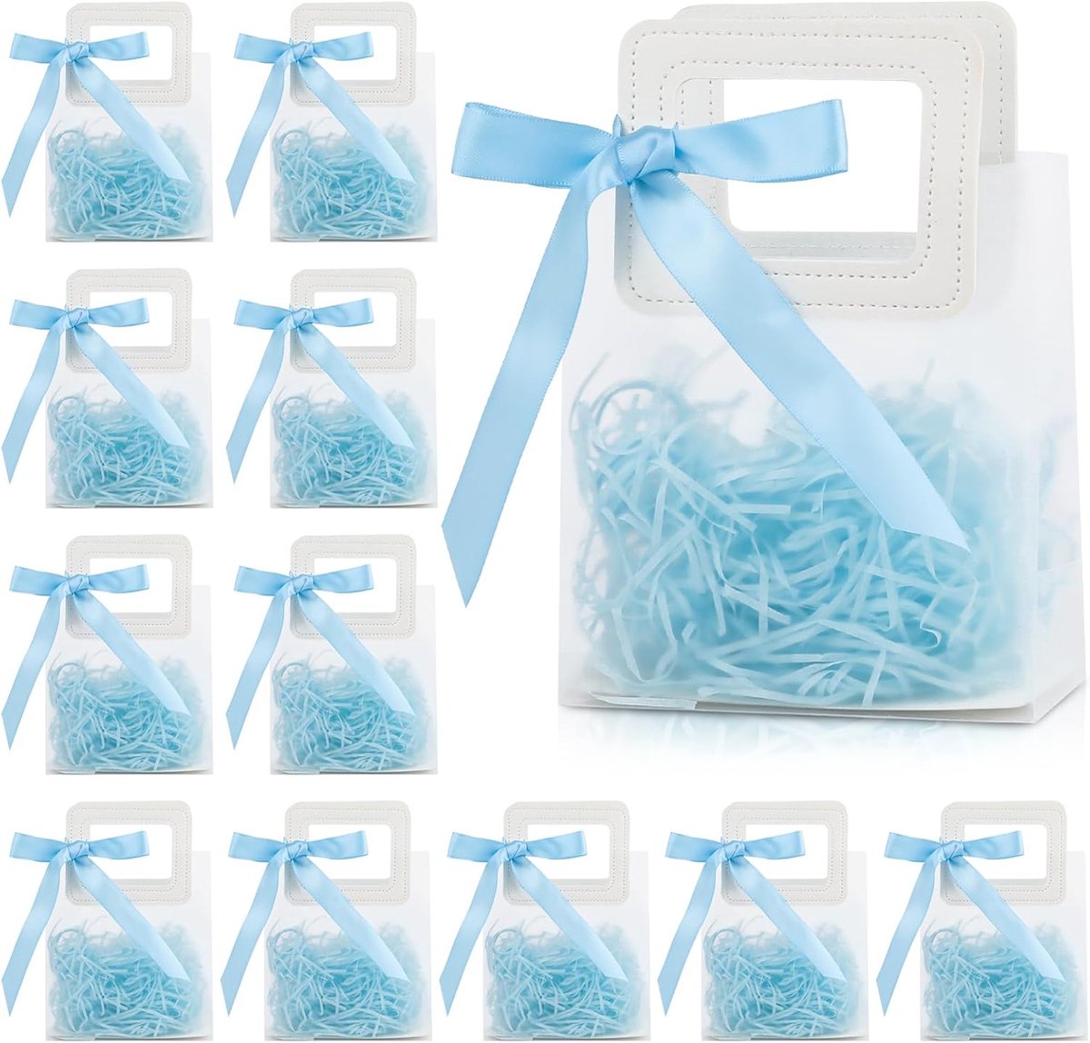 SnelShoppen - 12 Herbruikbare Geschenkverpakkingen met Lederen Handgrepen, Blauw Lint, Raffia Vulling, Matte PP-Zakken 15x13x7 cm - Kleine Cadeauzakje