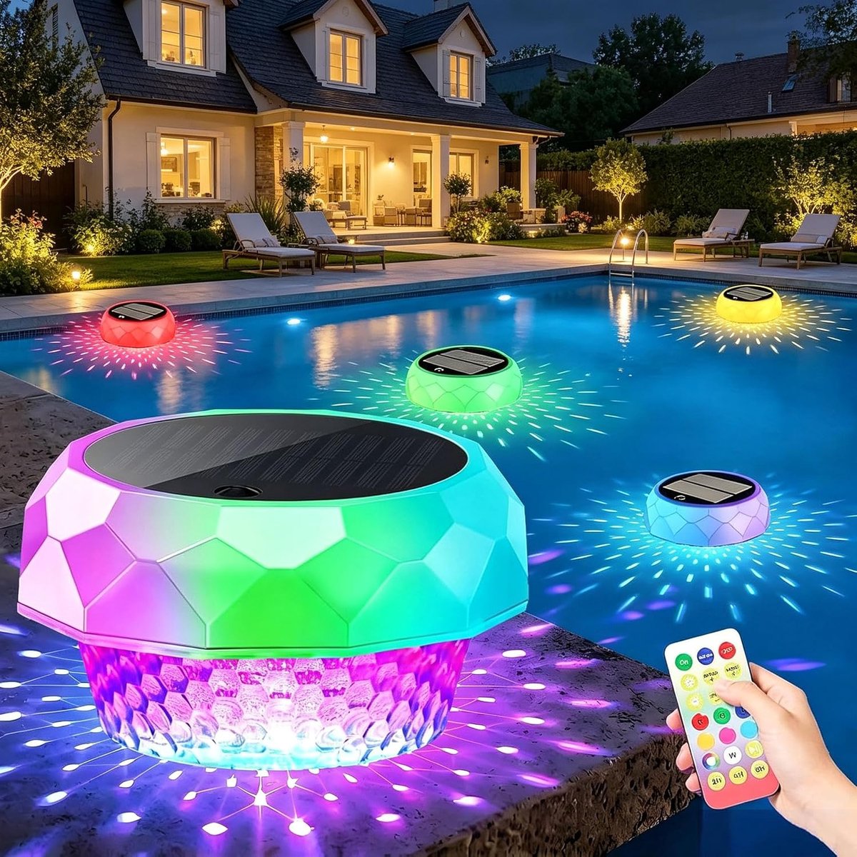 SnelShoppen - Solar Drijvende Tuinverlichting met Afstandsbediening - Kleurveranderende RGB LED Zonneschijn Verlichting voor Badkuip, Tuin, Spa, Douch