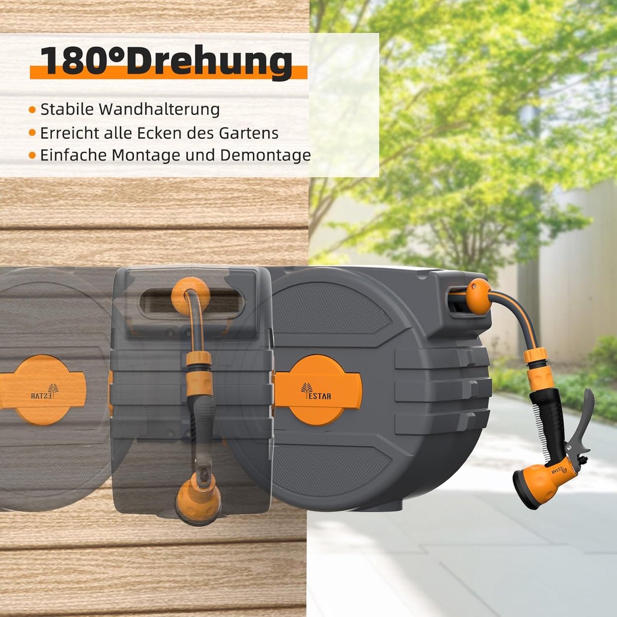 SnelShoppen - Tuinslanghaspel 25 m + 2 m, Wandmodel met 180° Rotatie, Automatische Inrolfunctie, Vergrendelbare Tuinslang voor Tuinbesproeiing en Auto
