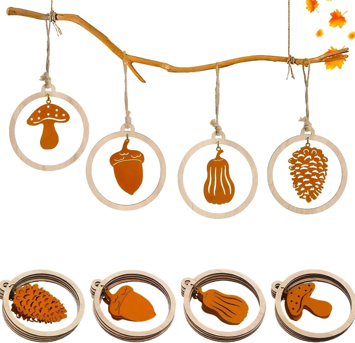 SnelShoppen - 16 Houten en Metalen Herfstdecoraties voor Hangend Gebruik, Raamdecoratie met Pompoenen en Paddenstoelen, 10cm, Perfect voor Halloween e