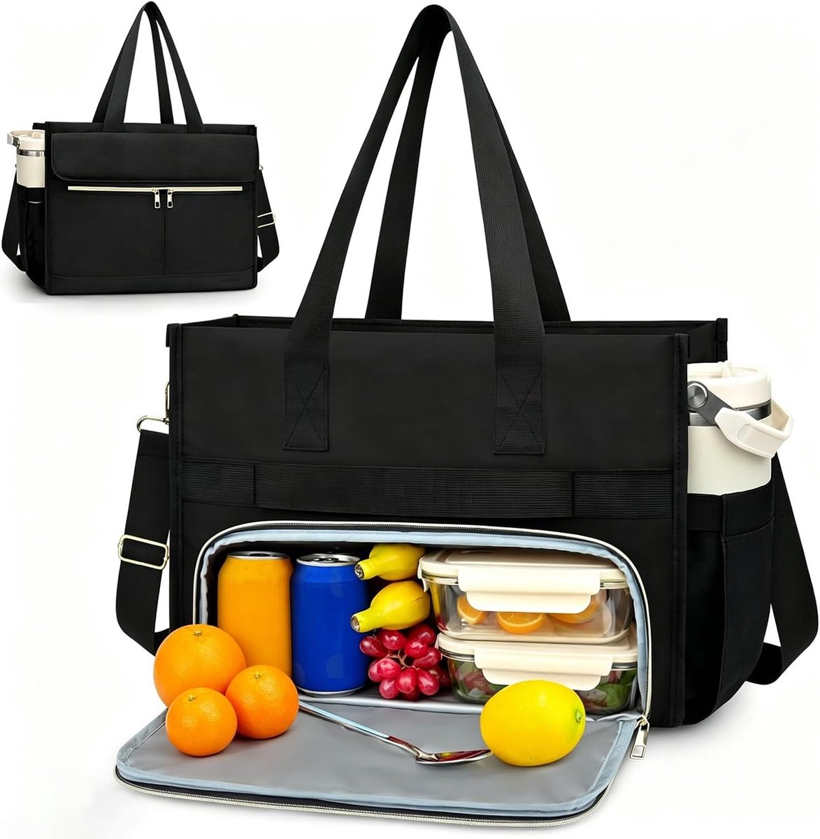 Stijlvolle lunchtas voor dames met koelvak, 15,6 inch laptoptas, waterdichte aktetas voor werk en kantoor, ideaal voor leraren en zakelijke doeleinden (zwart)