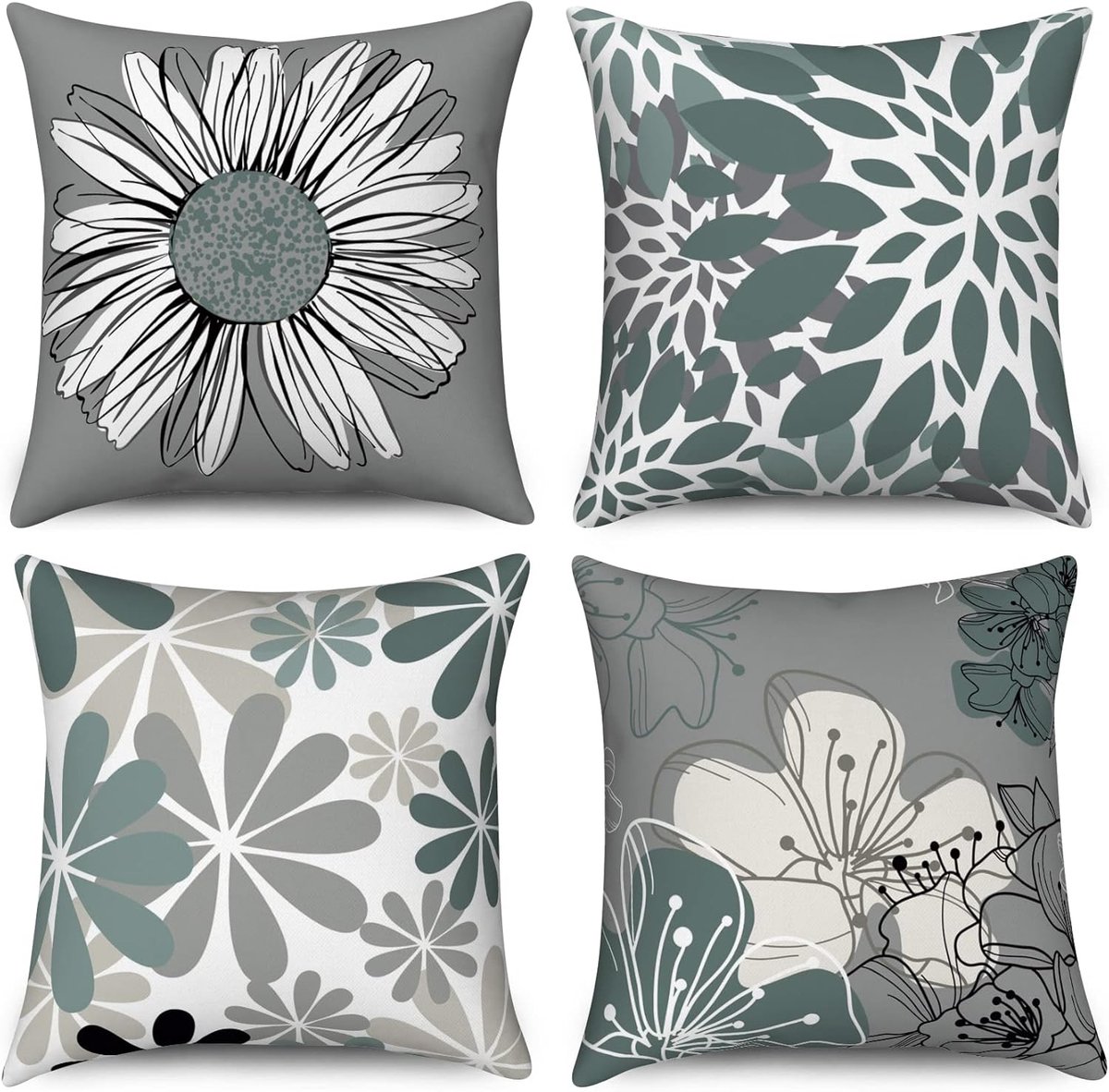 SnelShoppen - 40x40 cm Kussenhoezen Set van 4 - Moderne Bloemen Watergroen Grijs - Wasbare Polyester Linnen voor Sofa Decoratie - Kindvriendelijk en D