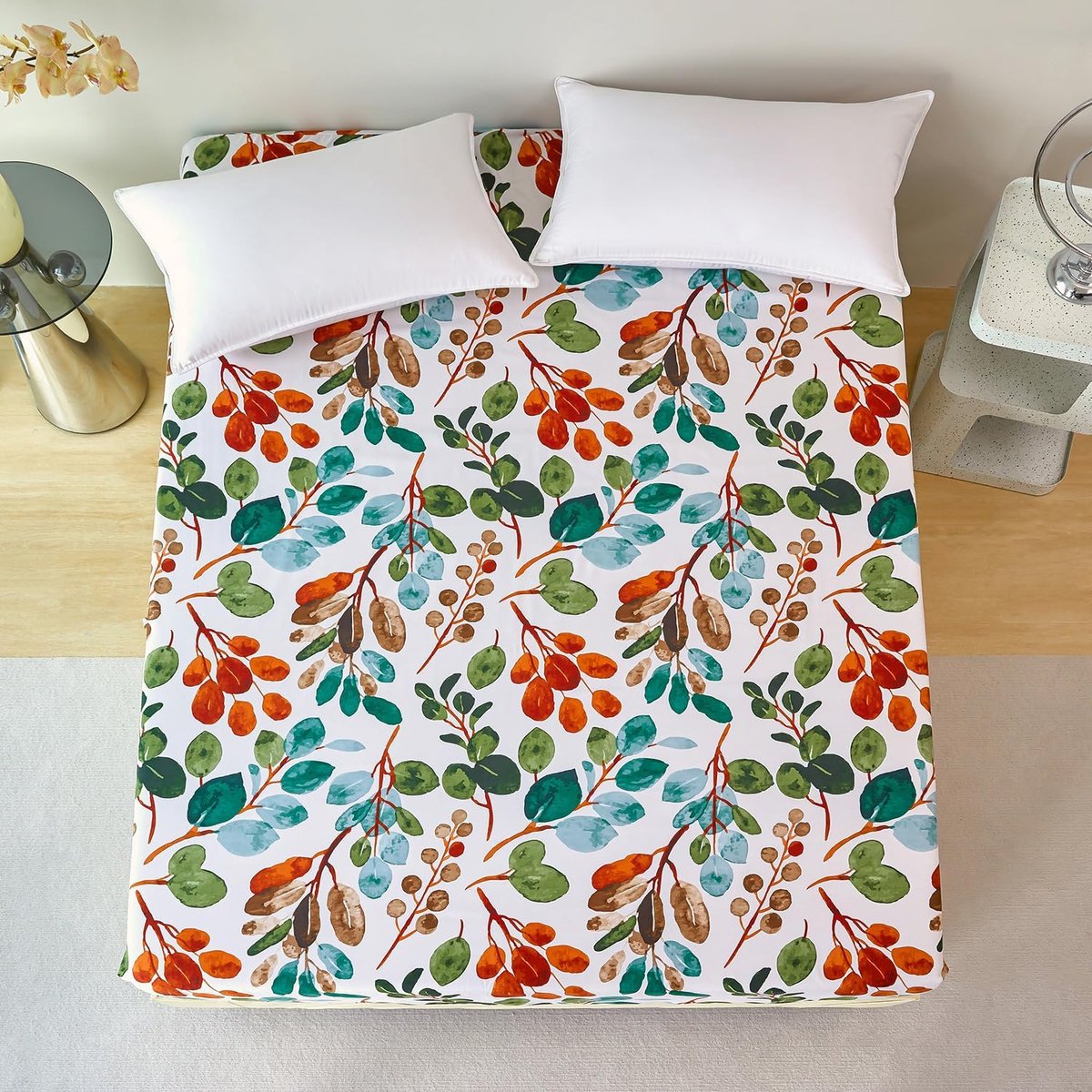 SnelShoppen - Fitted Sheet 180 x 200 cm Tropical Leaf Pattern Groen, Zacht Polyester Microfiber, Geschikt voor Matras tot 30 cm Hoogte