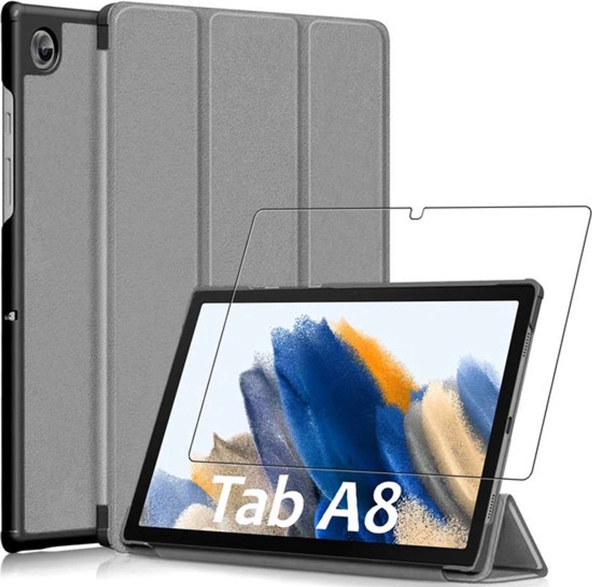 ebestStar - Hoes geschikt voor Samsung Galaxy Tab A8 10.5 (2021) SM-X200 X205, Slanke Design PU Lederen Etui, Automatische Slaap/Wake, SmartCase hoesje, Grijs + Gehard Glas