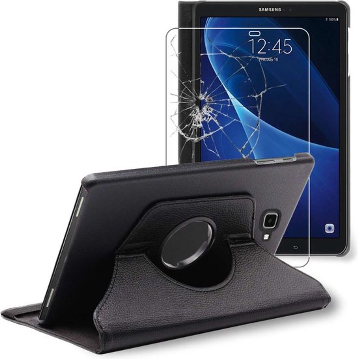 ebestStar - Hoes geschikt voor Samsung Galaxy Tab A6 A 10.1 (2018, 2016) T580 T585, Roterende Etui, Case, 360° Draaibaar hoesje, Zwart + Gehard Glas