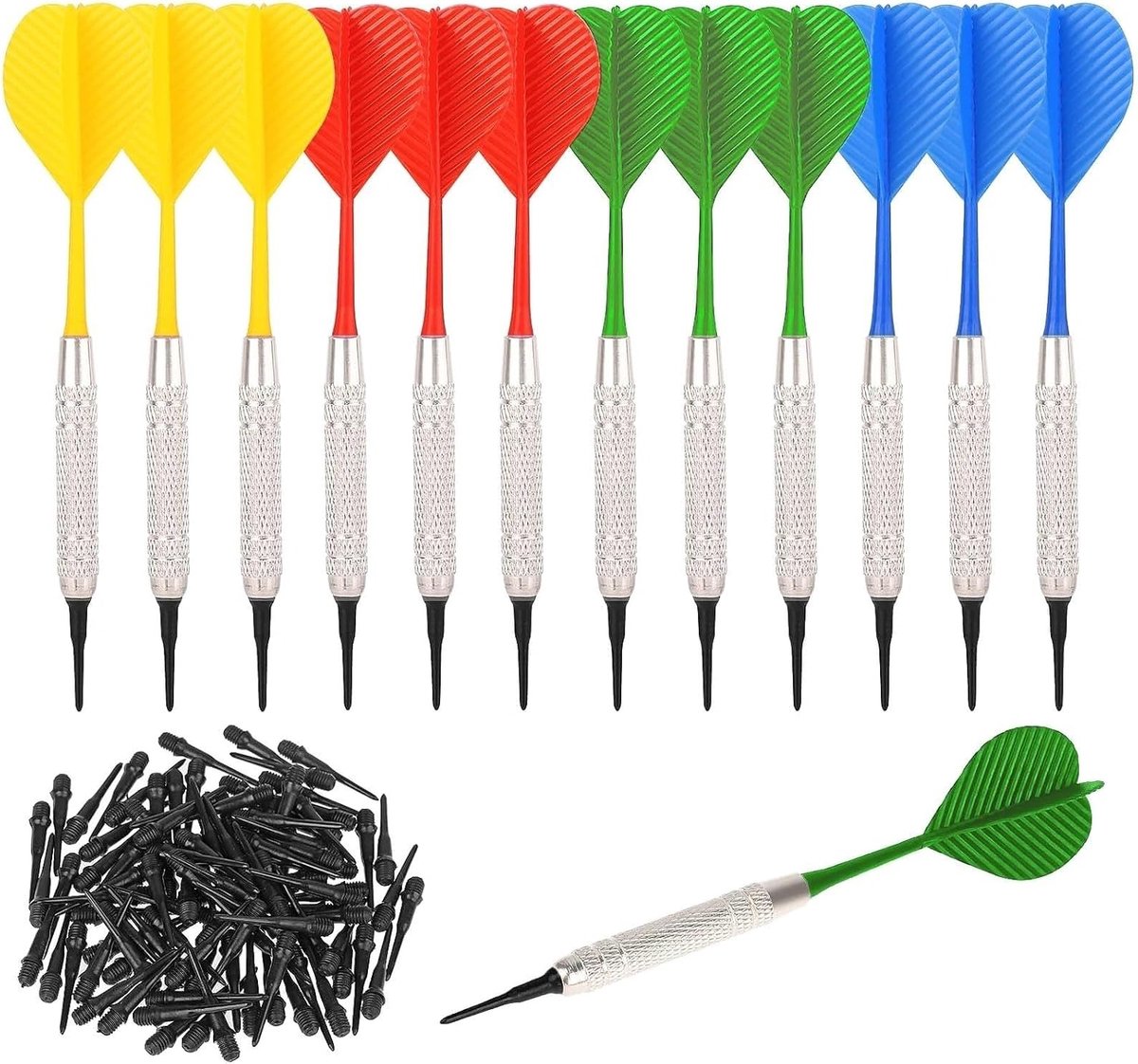 SnelShoppen - Set van 12 Darts met Plastic Tips, 4 Kleuren (Rood/Geel/Blauw/Groen) + 36 Vervangpunten, Precisie Gewicht 13.3g, Ideaal voor Beginners e