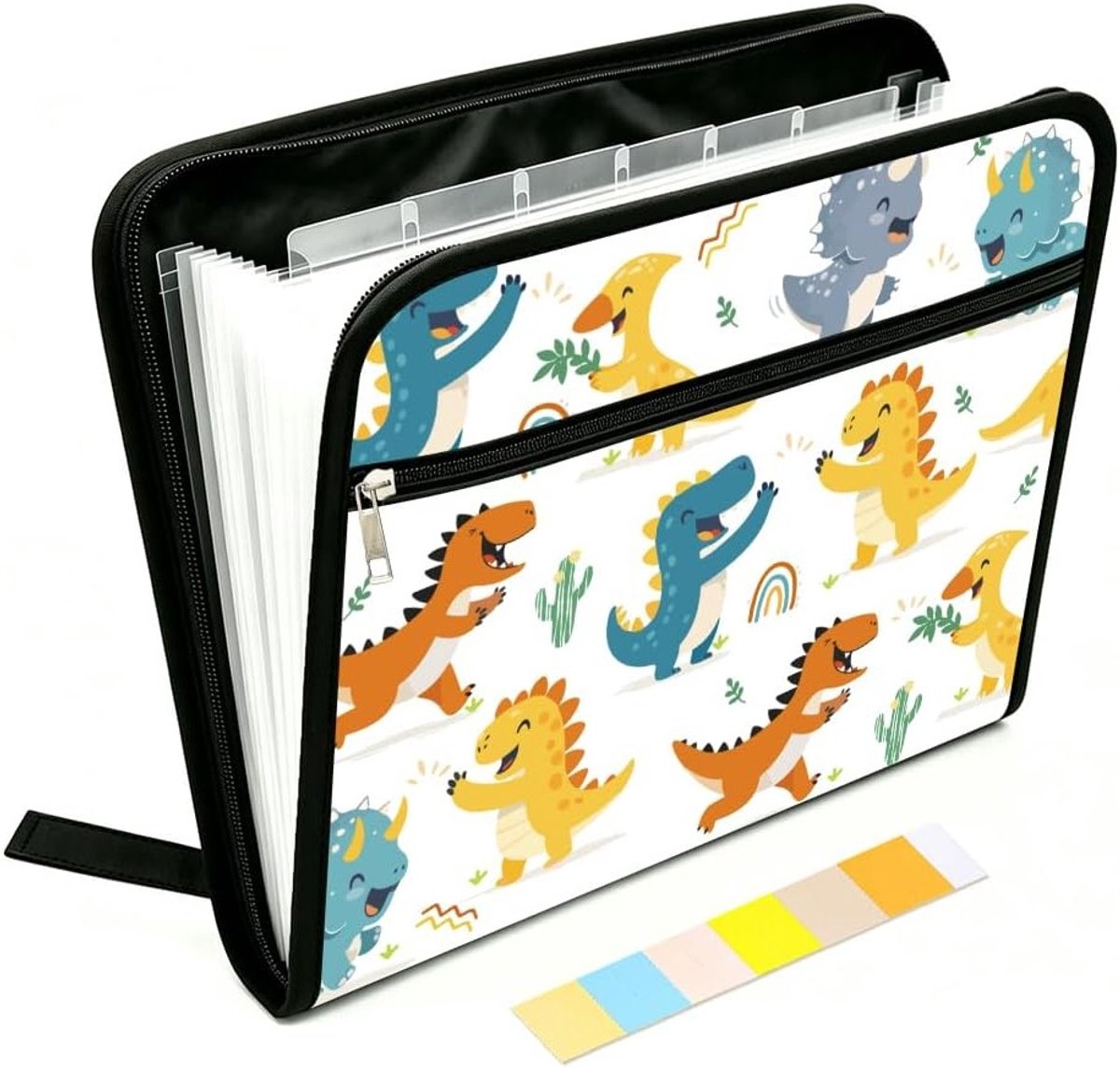Abstracte dinosaurussen organizer met 13 zakken, uitbreidingshemd met etiketten en ritssluiting, ideaal voor A4-papier en schoolbenodigdheden