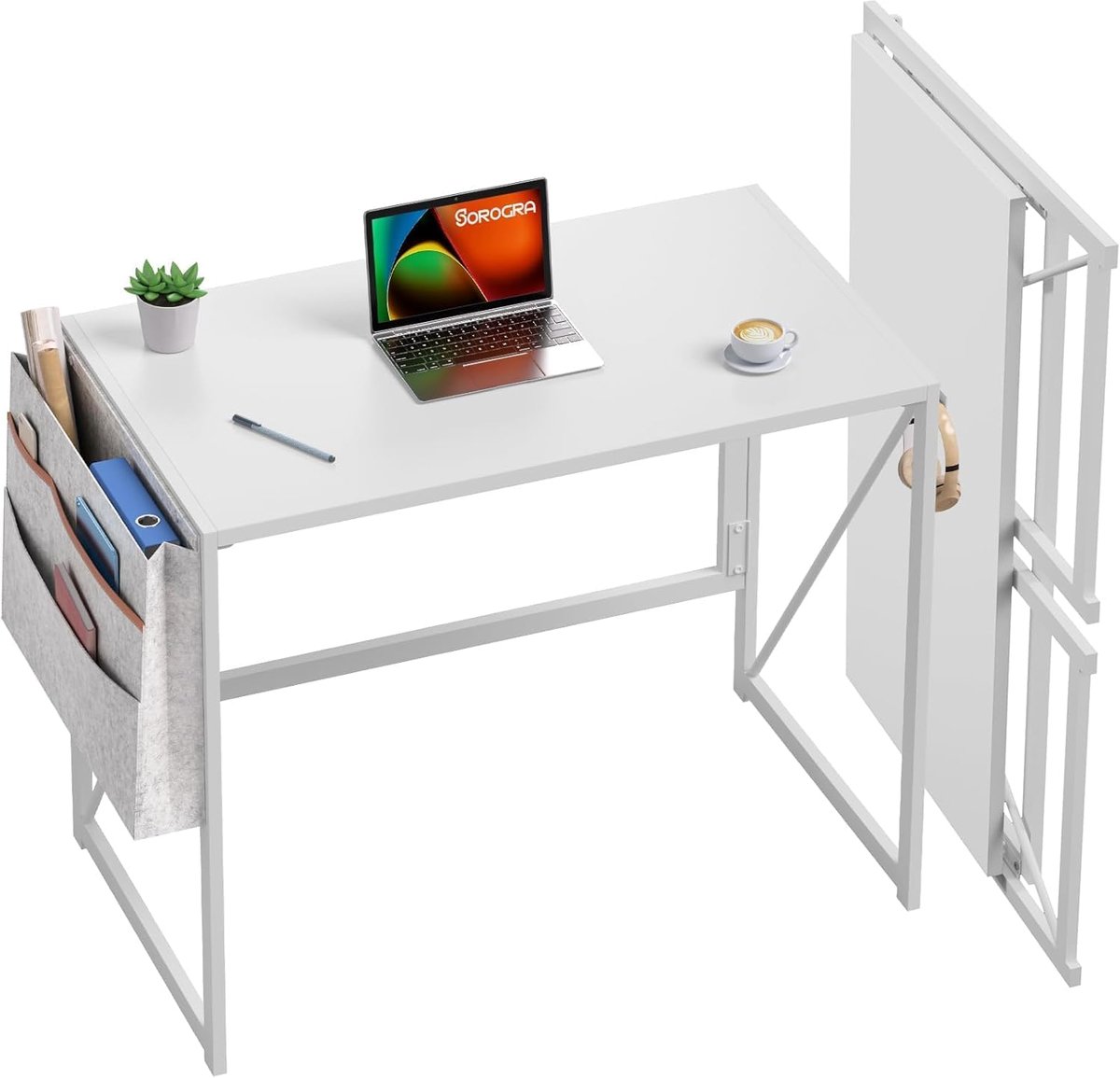 Inklapbaar Bureau 80x40 cm - Opvouwbare Computertafel voor Thuiswerkplek & Kleine Ruimtes - Compacte Laptoptafel met Opbergvak & Haken - Geen Montage - Wit