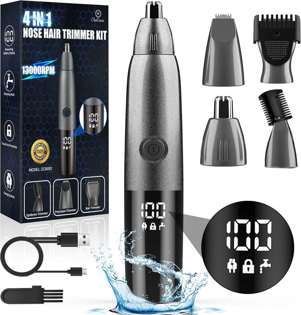 SnelShoppen - 4-in-1 Neushoartrimmer met LED Display, Oplaadbare Oor- en Wenkbrauwtrimmer, IPX7 Waterdicht, Voor Mannen en Vrouwen, Precisietrimmer vo