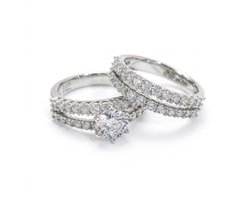 Wit zilverkleurige ring set dames maat 7 met steen ronde transparante steen 6 klauwzetting ring set 2 delig pavé ring met transparante stenen