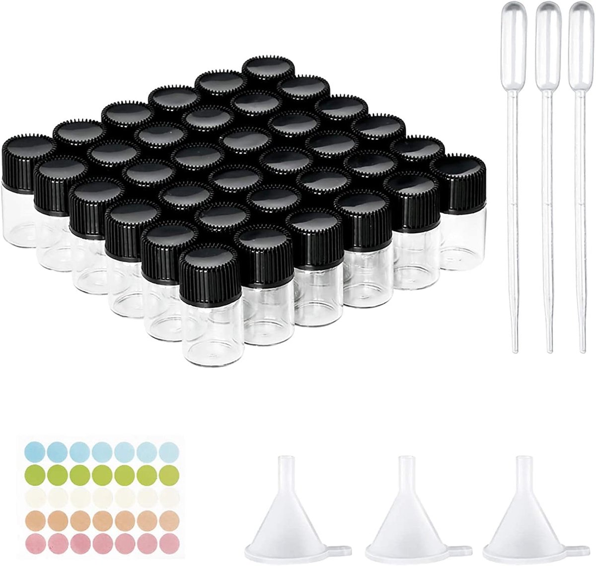 SnelShoppen - 36 Glazen Sample Flessen met Schroefdop 2ml, Lege Mini Vials voor Laboratorium, Borosilicaatglas, Lekvrij, Ideaal voor Essentiële Olie,