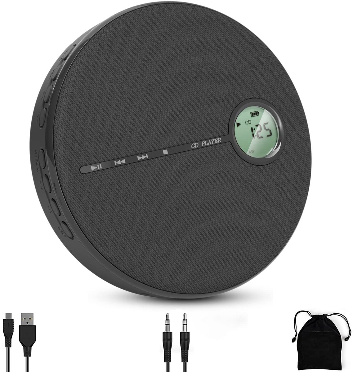 Draagbare cd-speler met luidspreker, Bluetooth, USB- en AUX-aansluitingen, oplaadbare batterij van 2000 mAh – compacte luidspreker, 14,3 x 3 cm (zwart).