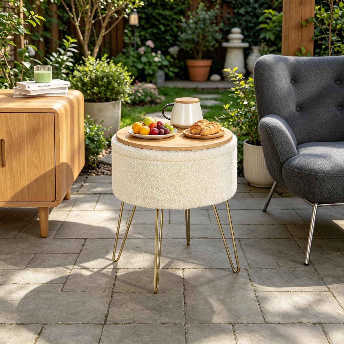 MIVRAY Voetenbankje – Opbergruimte 13,5 L – 39 x 44 cm – MDF en Metaal – Beige – Rond Krukje Voor Woonkamer En Slaapkamer