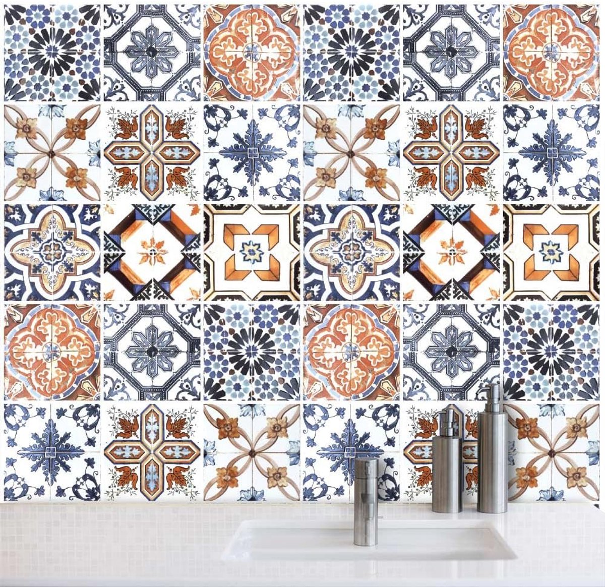 SnelShoppen - 24 Stuks Tile Stickers Keuken en Badkamer 10x10cm - Waterdichte PVC Wanddecoratie in Azulejos Stijl - Mosaïek Cement Tegels