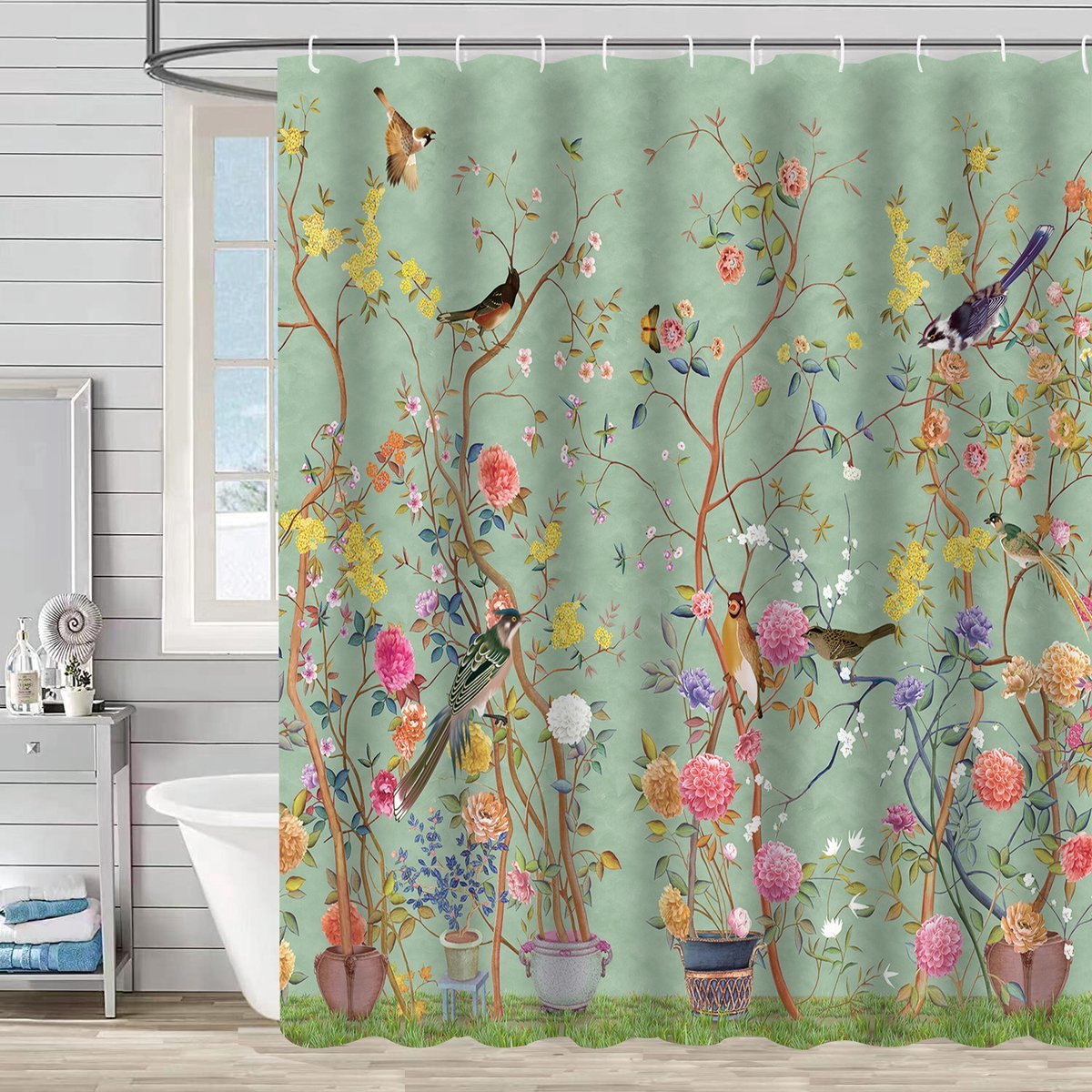 Douchegordijn 180x180 cm – Antischimmel - Bloemenpatroon - Waterdicht - Machinewasbaar - met Vogels – Douchegordijn voor Badkamer met 12 Douchegordijnringen