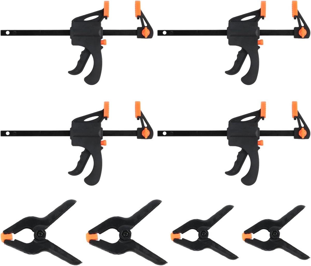SnelShoppen - One Hand Clamps Set van 4 - 4 Inch Schroefklemmen en 4 Stuks Veerklemmen (5 cm & 7.5 cm) - Snelle Ontgrendel Klem Set voor Houtbewerking