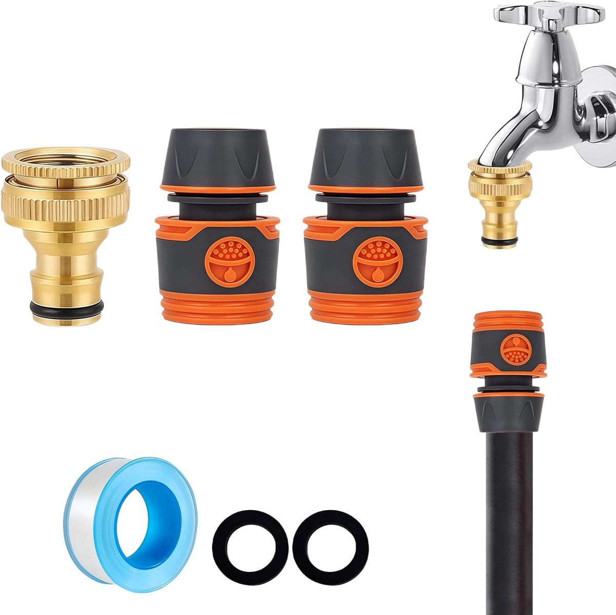 SnelShoppen - Tuinslang Kraan Connector Set 3/4" & 1/2" 2-in-1 Buiten Kraan Aansluiting Messing voor Tuinslang, 2 Stuks Snelkoppeling Tuin Faucet Adap