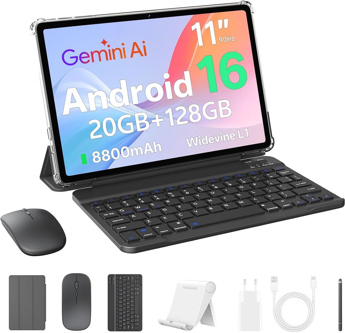 SnelShoppen - 11 Inch Tablet Android 16 met Toetsenbord, Pen, Muismat, 20 GB RAM, 128 GB ROM, Octa-Core, 8800 mAh, 13 MP + 8 MP Camera, 2.4G + 5G WiFi