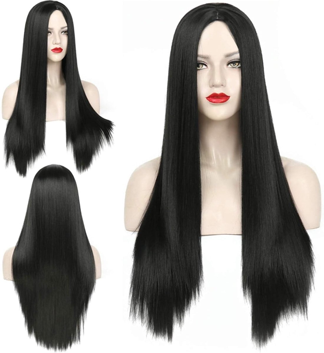 Zwarte Lange Rechte Peruc met Midden Scheiding voor Dagelijks Gebruik en Halloween, 75 cm Lang, Perfect voor Cosplay en Feestjes