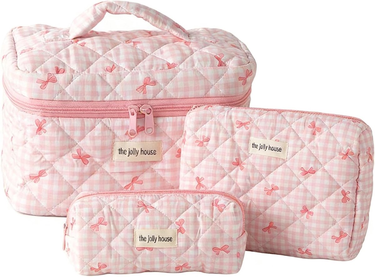 SnelShoppen - 3-delige Grote Make-up Toilettas Vrouwen Katoenen Cosmetica Tas voor Reizen, Roze, Strik, Bohemian, Makeup Accessoires
