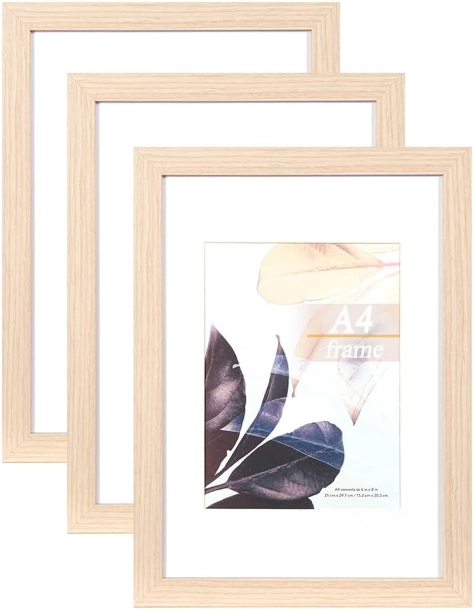 SnelShoppen - Picture Frame A4 Set van 3 | Grijs | Houten Fotolijsten | Plexiglas Posterlijst | Wand- en Tafellijst | Duurzaam en Veilig