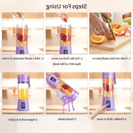 Draagbare Blender - USB Juicer Mixer - Smoothies Maken - Zes Roestvrijstalen Messen - 380 ml - Paars — afbeelding 5