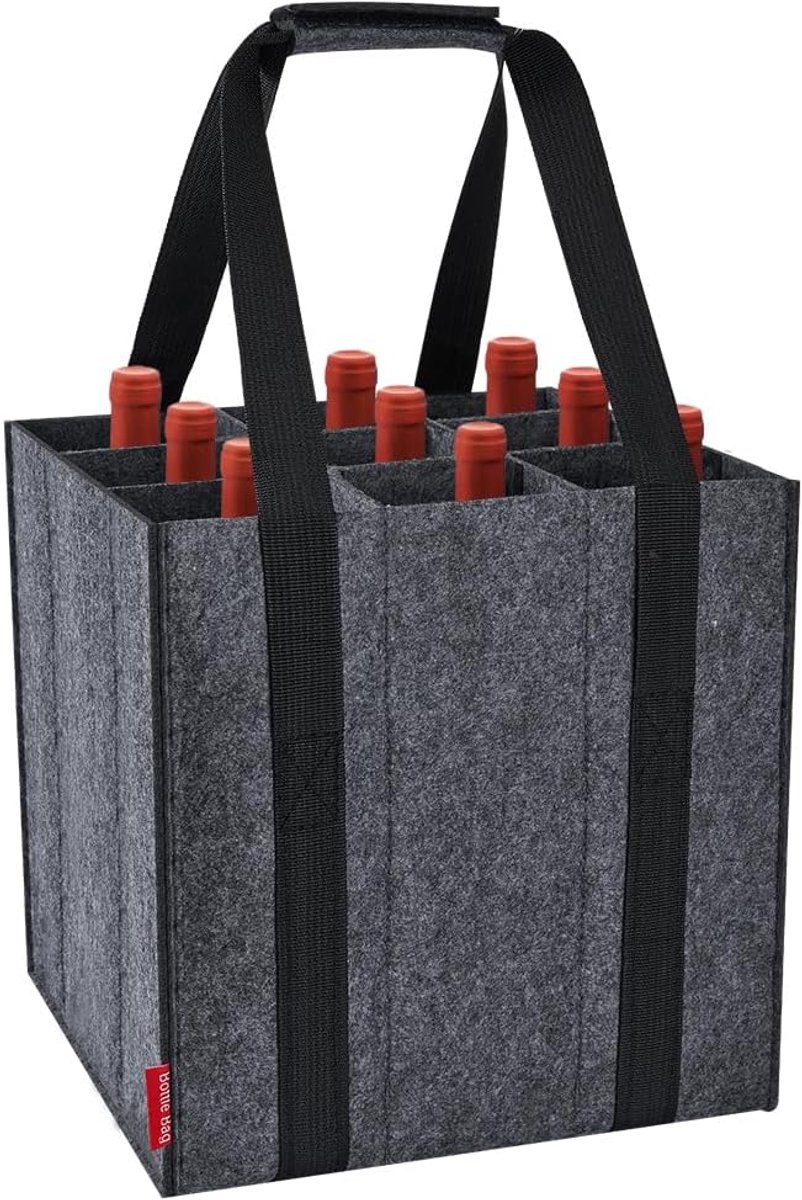 SnelShoppen - Felt Bag voor Wijnflessen en Waterflessen, Wijn Draagtas met 9 Verdeelders, Herbruikbaar, Grijs, Ideaal voor Feesten en Picknicks