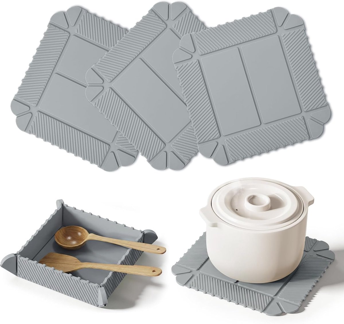 SnelShoppen - 3x Magnetische Siliconen Onderzetter - Multifunctionele Hotpotpads - Opvouwbare Opbergbak - Hittebestendig en Antislip - Keukenonderzett