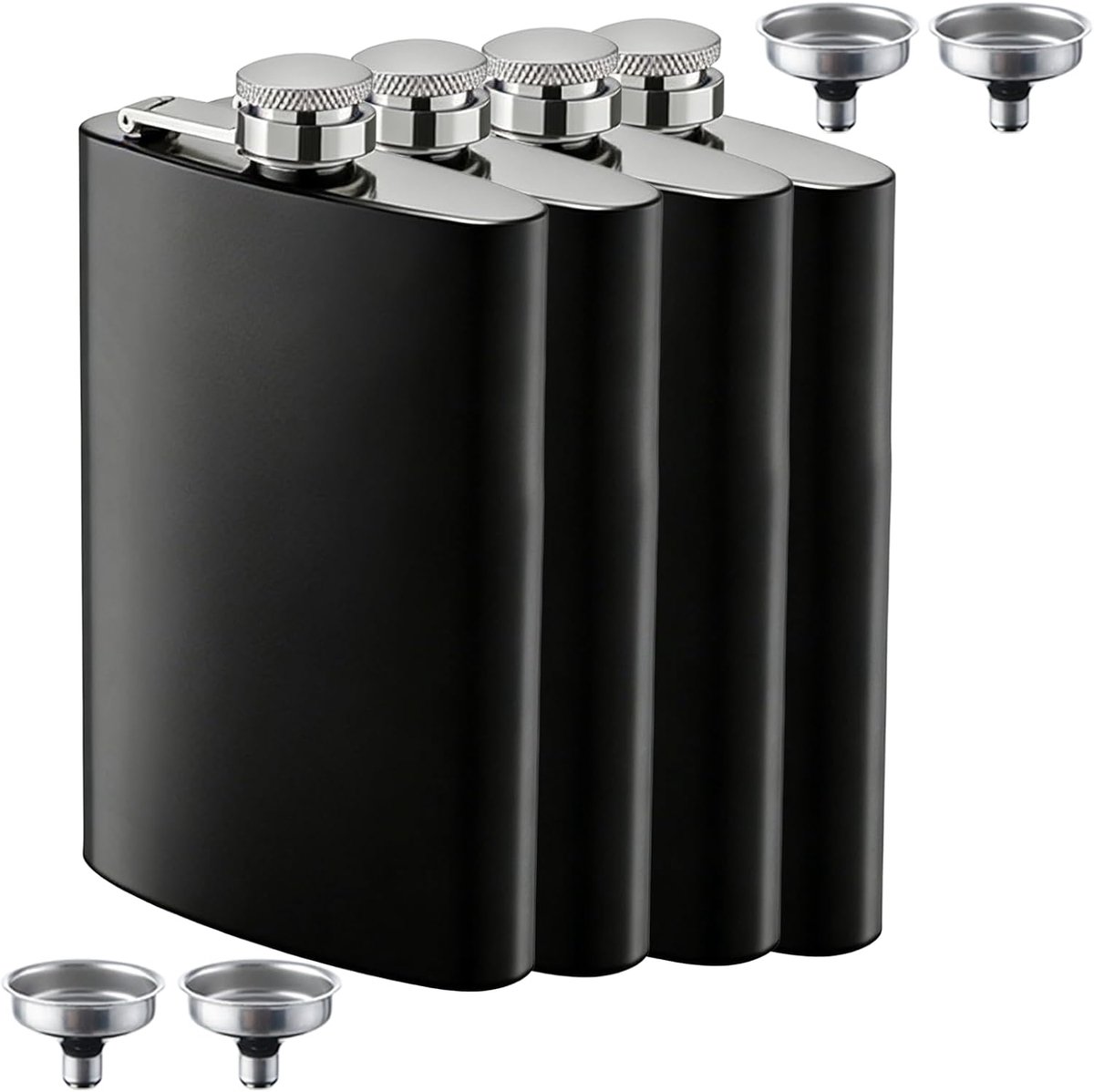 SnelShoppen - 4pcs RVS Heupfles Set met Trechter, 8 oz (236ml), Zwart, Matte RVS, Draagbaar, Lekvrije Heupflessen voor Camping, Hiken, Trouwerij, Pick